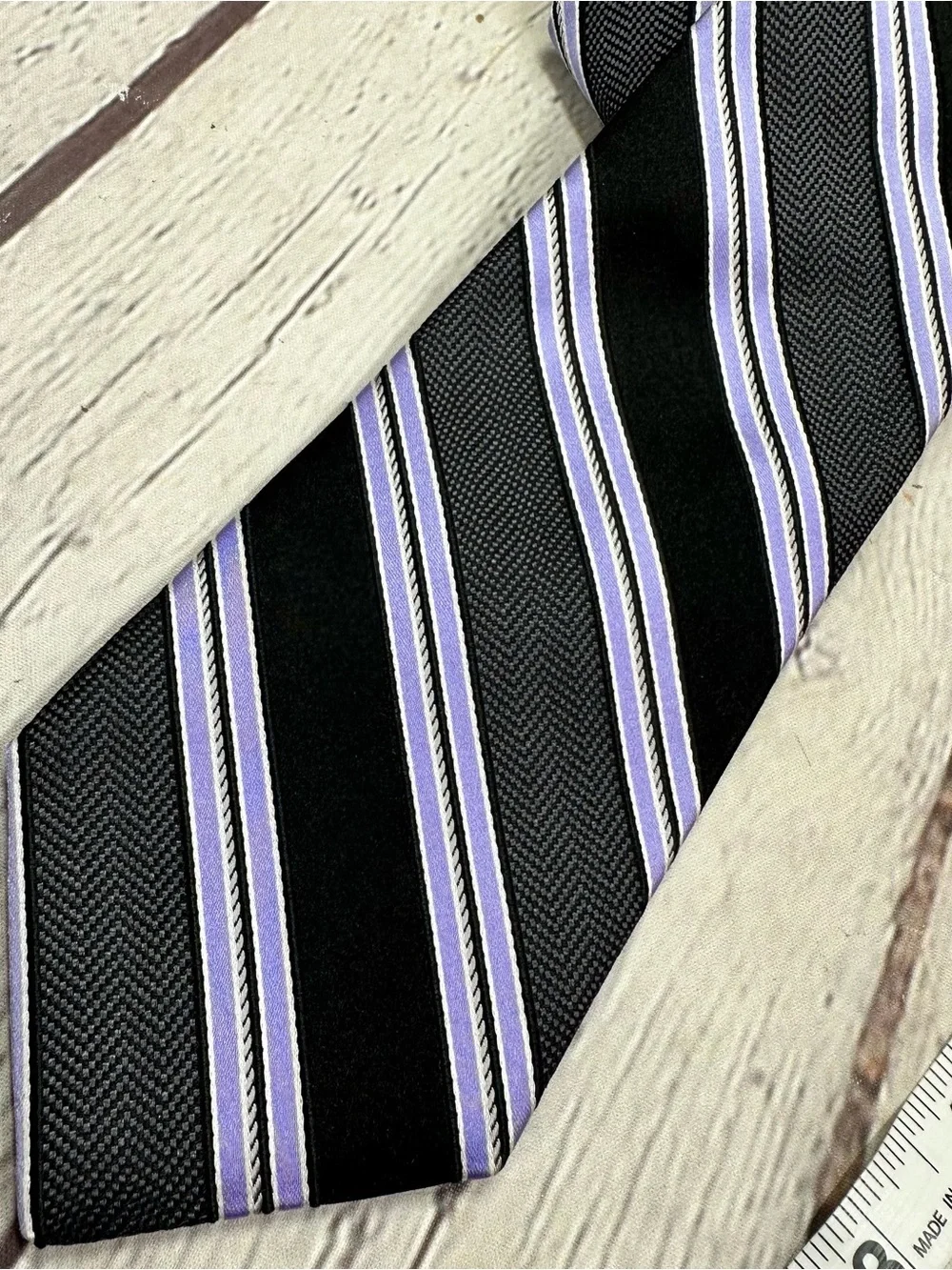 Cremieux Black silk Tie lavender diagonal Stripes menswear preppy office classic
